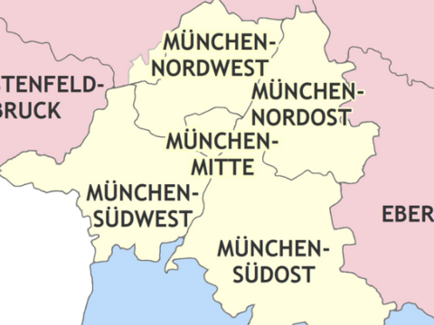 Man sieht eine Darstellung der Gliederung der Dekanate im Raum München.
