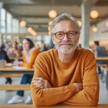 Ein Mann in einem orangen Pullover lächelt in die Kamera.